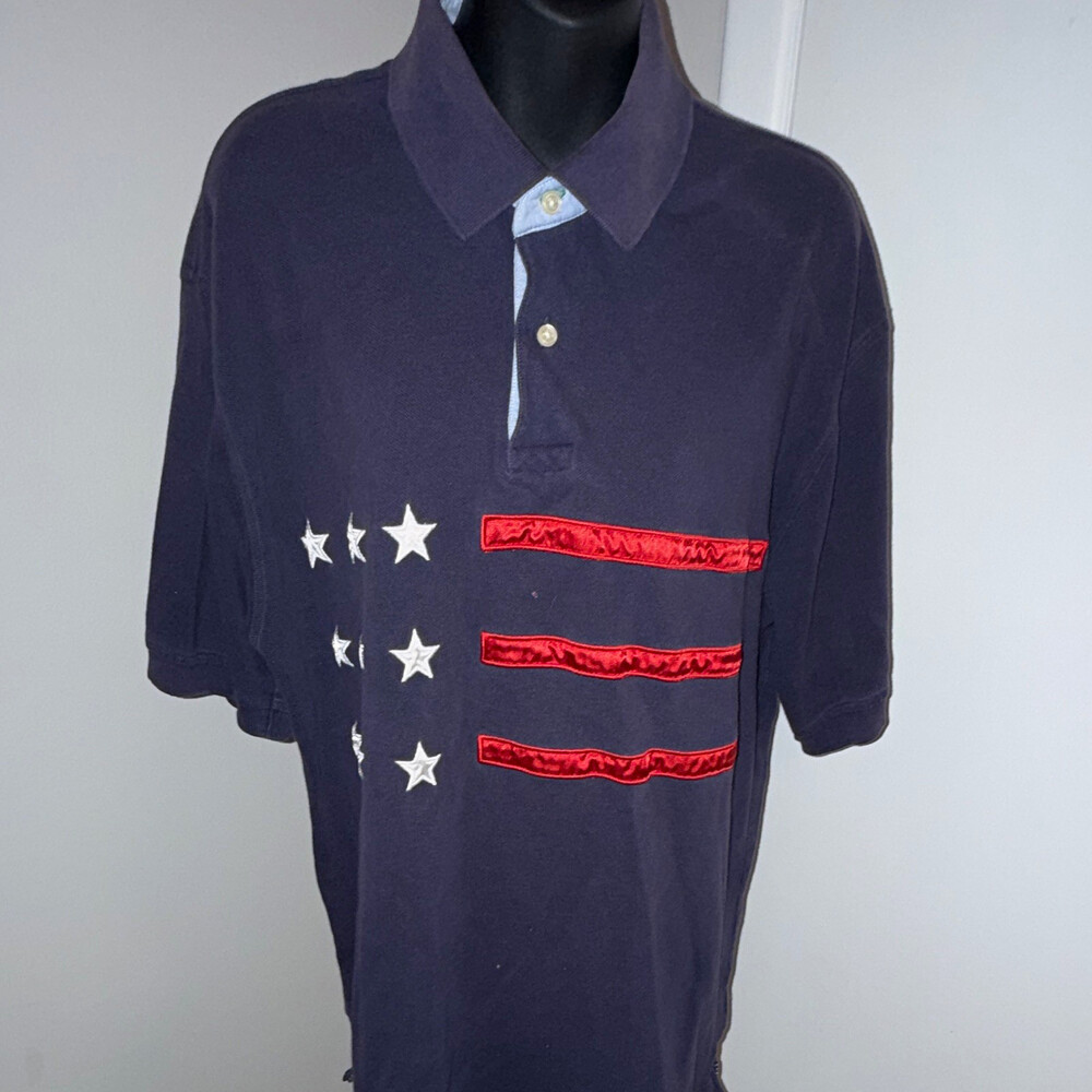 Y2K Tommy Hilfiger American Flag Polo Short Sleeve Men's XL Navy Cotton Flawed